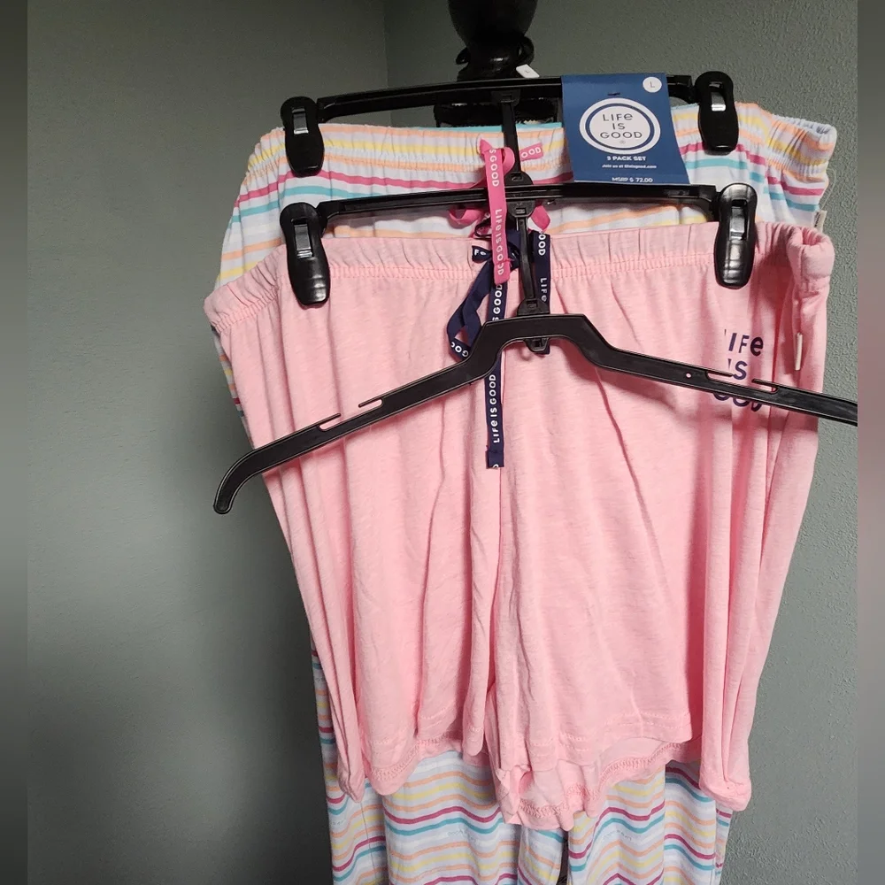 Life is Good Blueish Purple T-Shirt and Pink Shorts And Stripped Pants Set - Picture 3 of 4